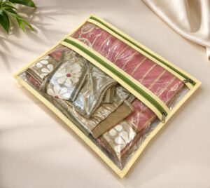 PVC Saree Cover with Blouse Pocket Ivory - dusky green (Code: S049)