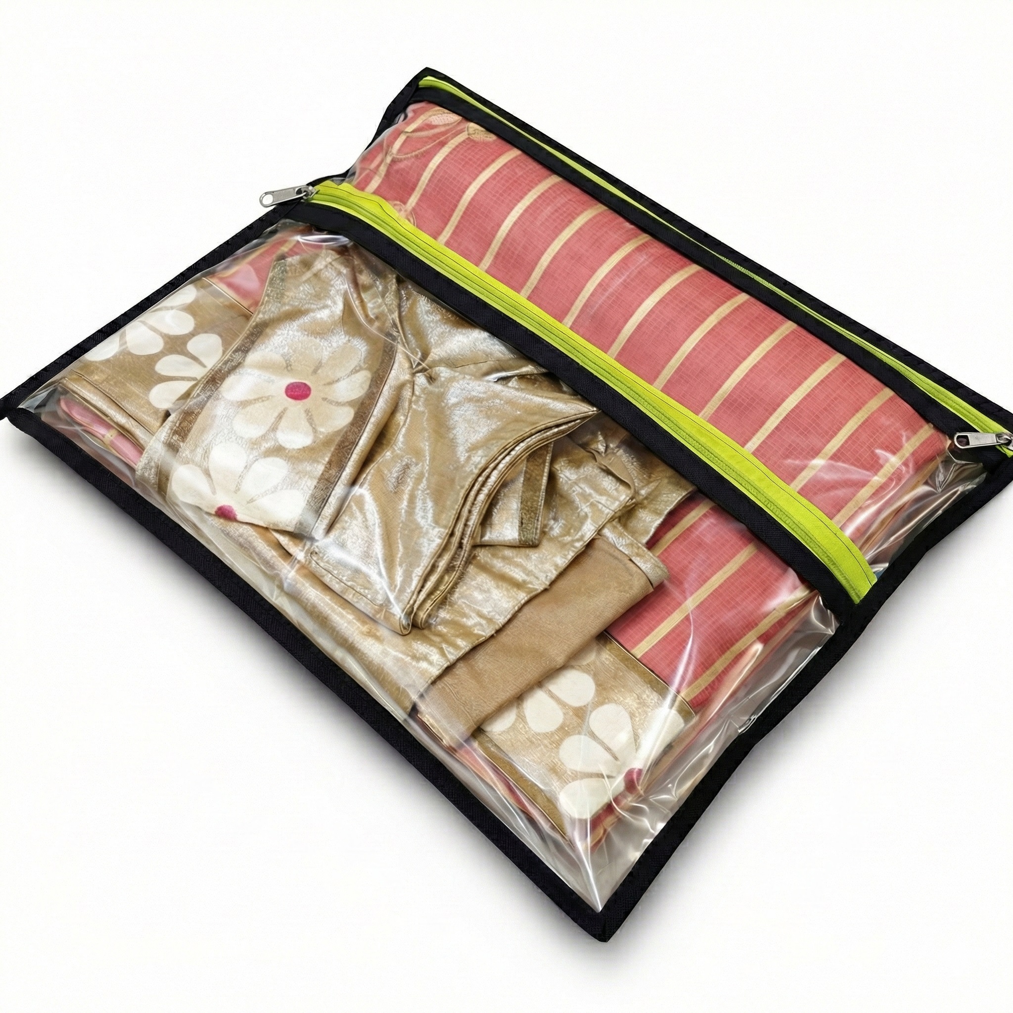 PVC Saree Cover with Blouse Pocket Black - Neon green (Code: S049)