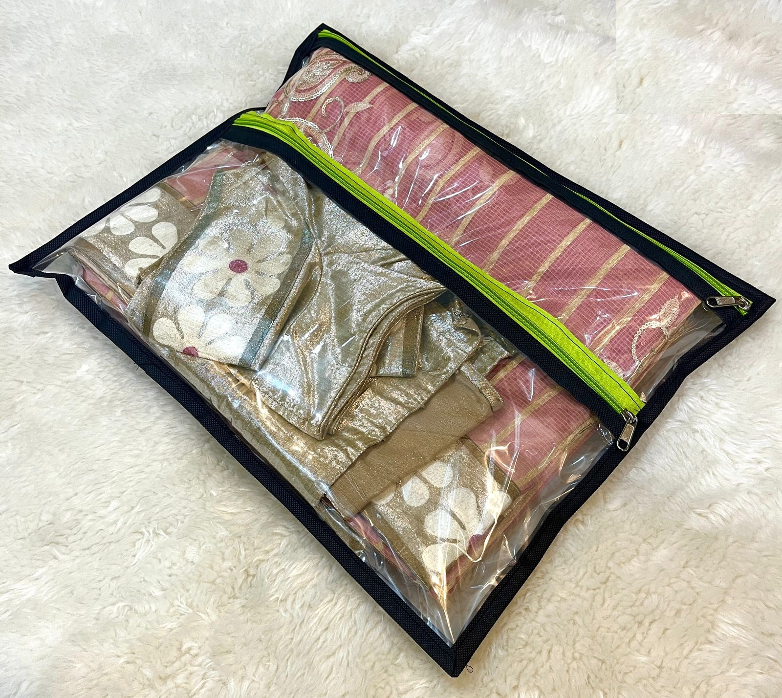 PVC Saree Cover with Blouse Pocket Black - Neon green (Code: S049) - Image 3