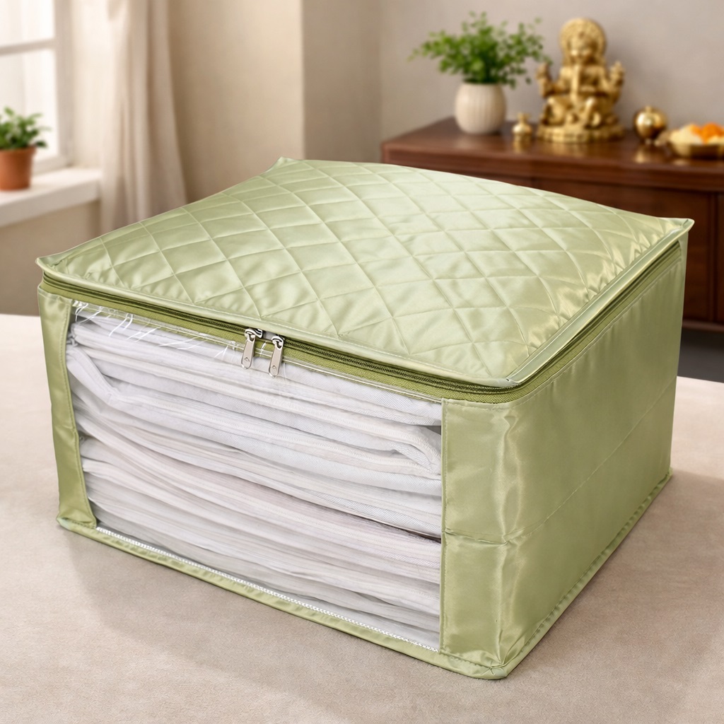 Satin Saree Cover with 12 Detachable Flaps – Olive (Code: S028)